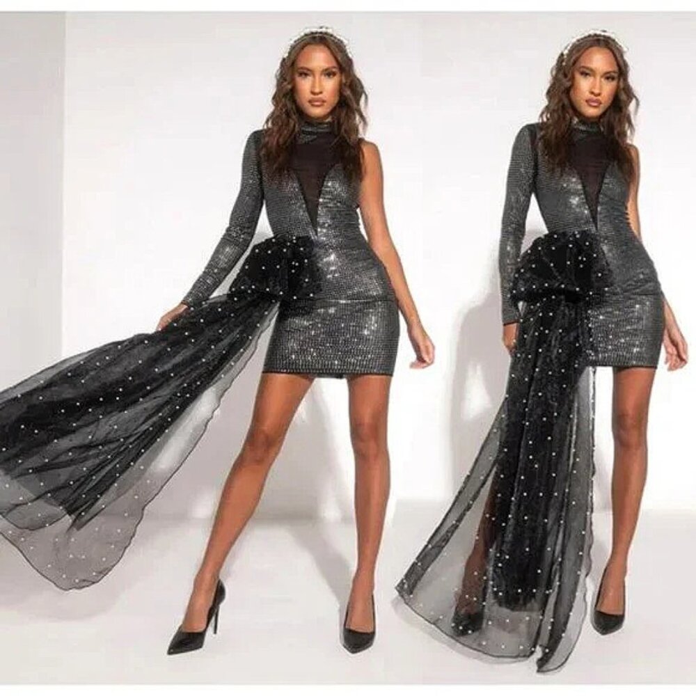 💥SHOWSTOPPER!💥Smocking Hot Rhinestones & Pearls Tulle Dress in Black